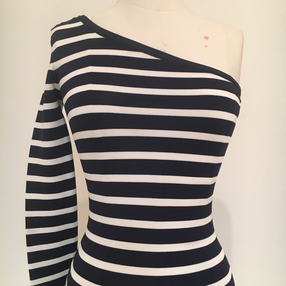 BCBGMaxAzria 1 Shoulder Navy & White Bandage Dress - Picture 8 of 8